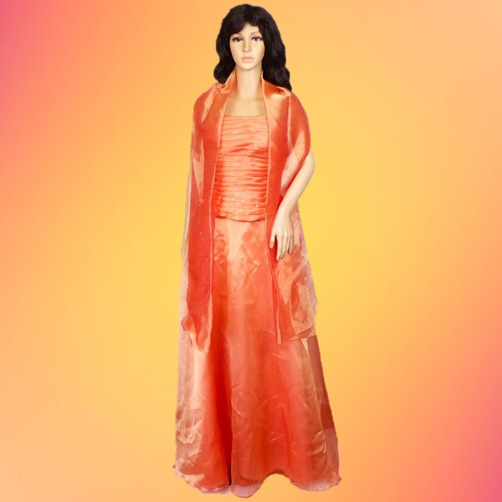 MORILEE size 11/12 Juniors orange 3-piece evening ensemble bodice/skirt/shawl